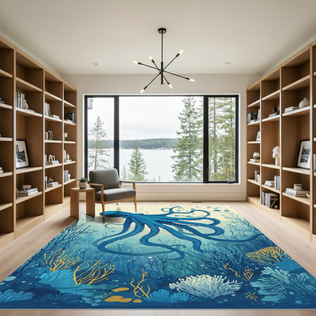 Deep Blue Ocean Octopus Coral Garden Rug