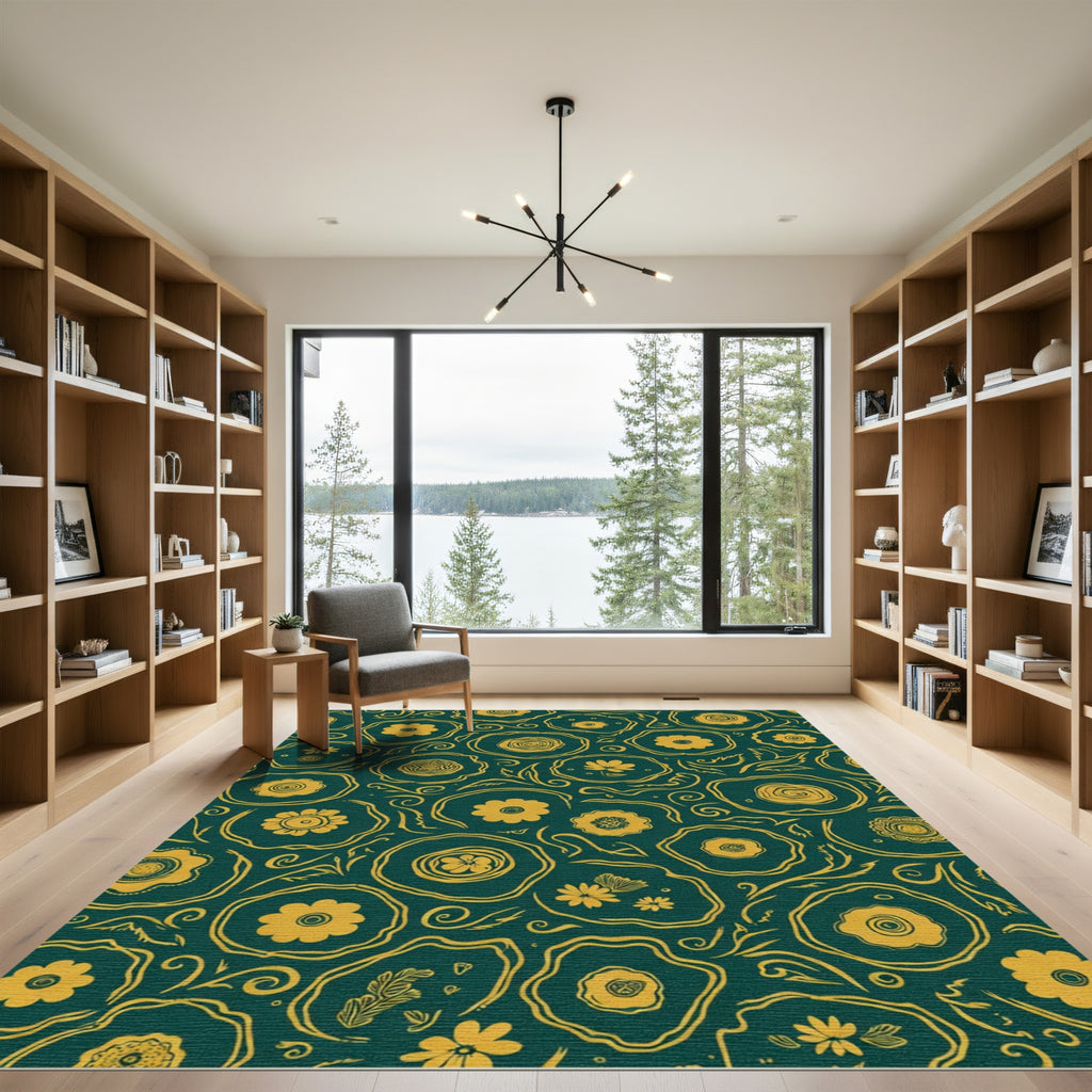 Golden Floral Swirls Teal Rug