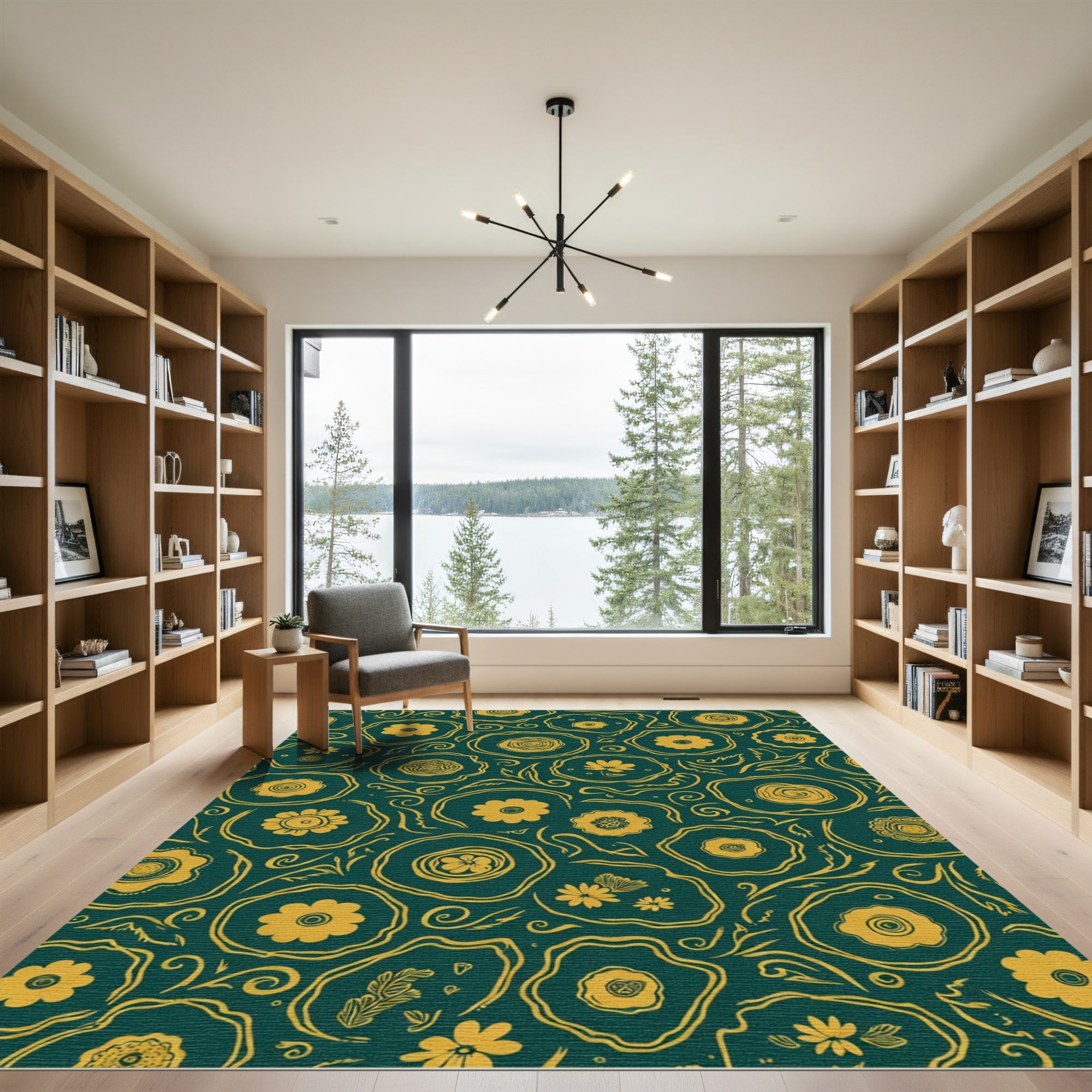 Golden Floral Swirls Teal Rug