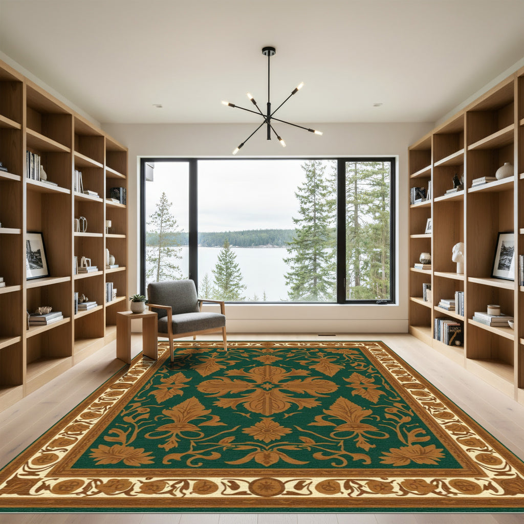 Deep Emerald Gold Floral Scroll Rug