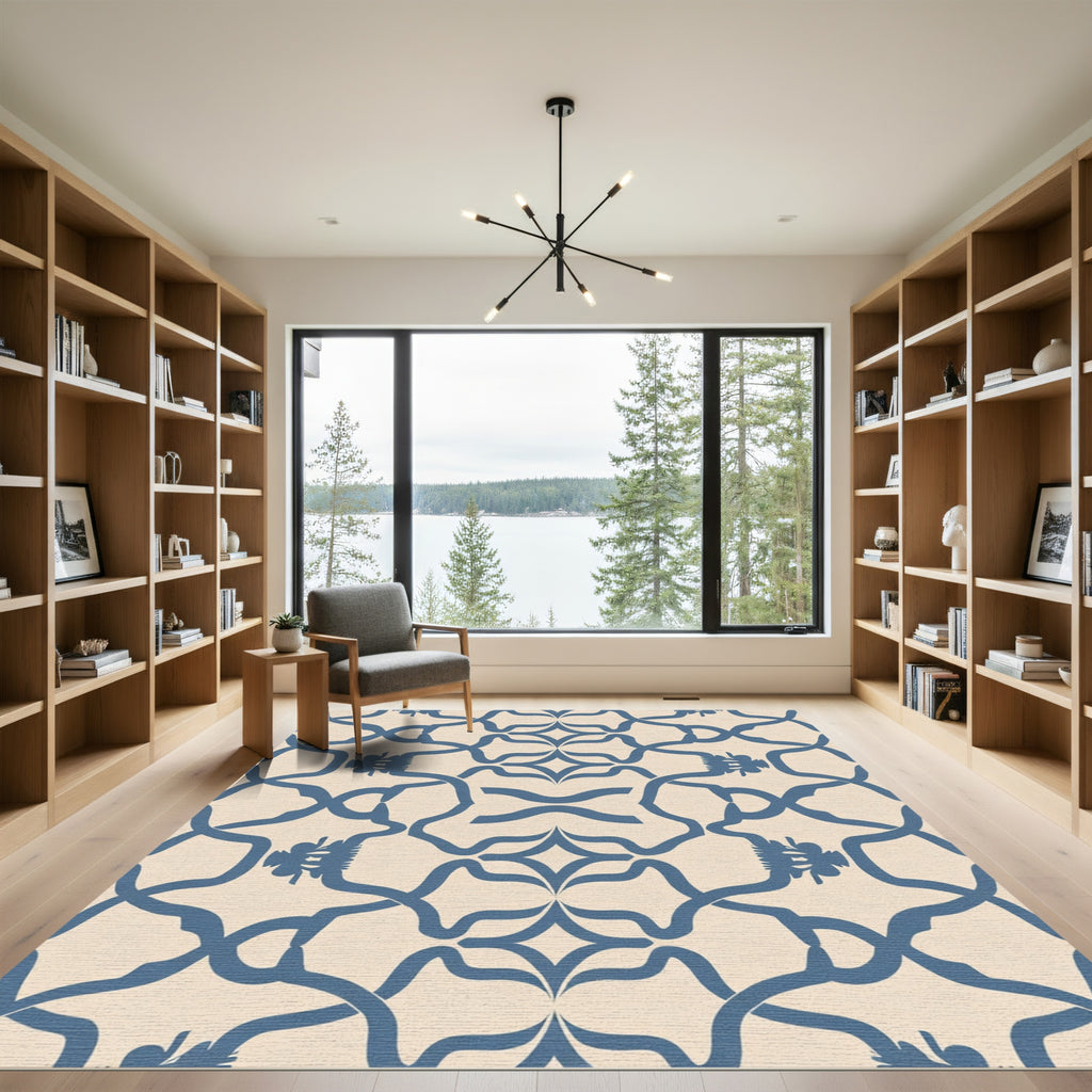 Blue Cream Rococo Scrollwork Rug