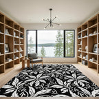 Black White Botanical Leaf Arrangement Rug