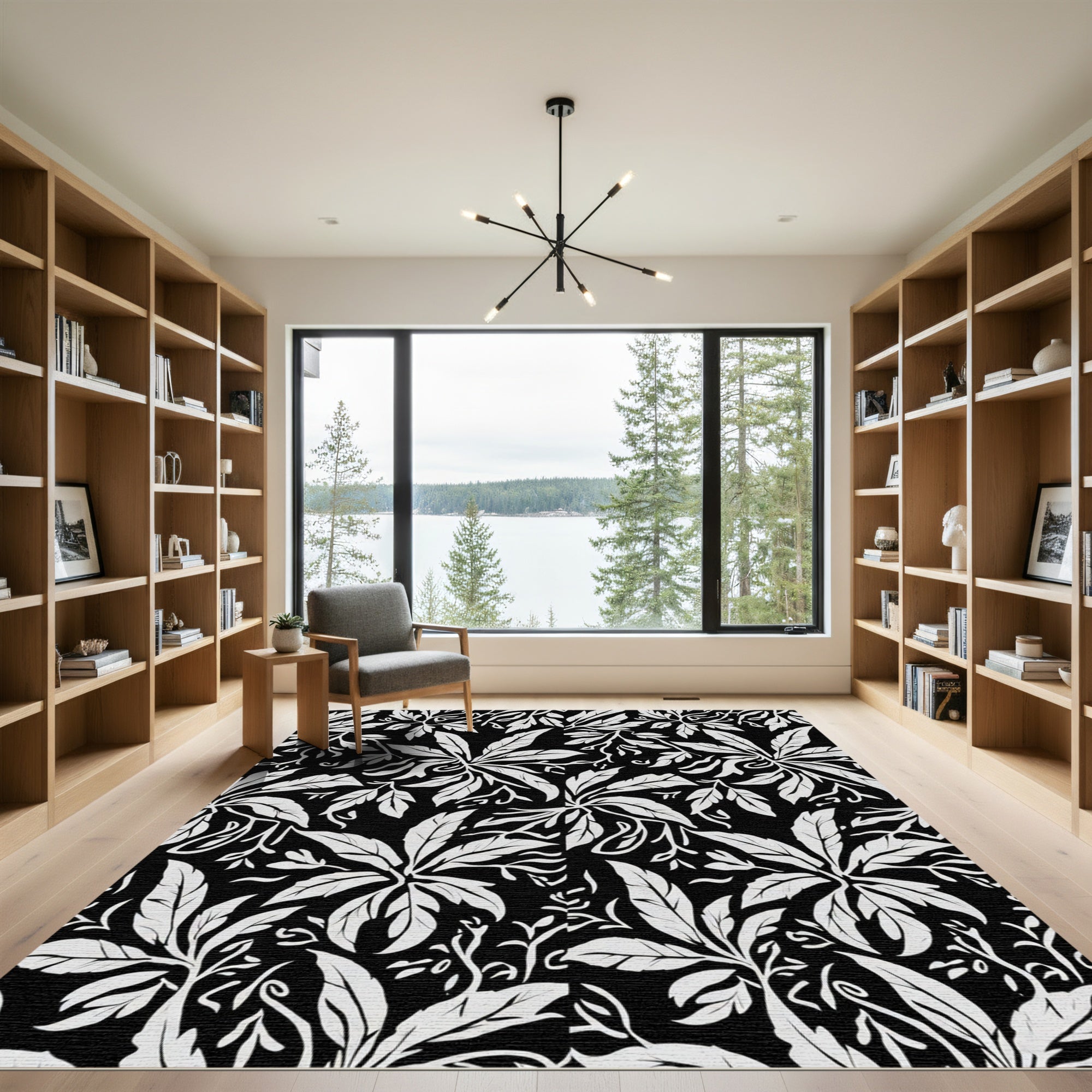 Black White Botanical Leaf Arrangement Rug