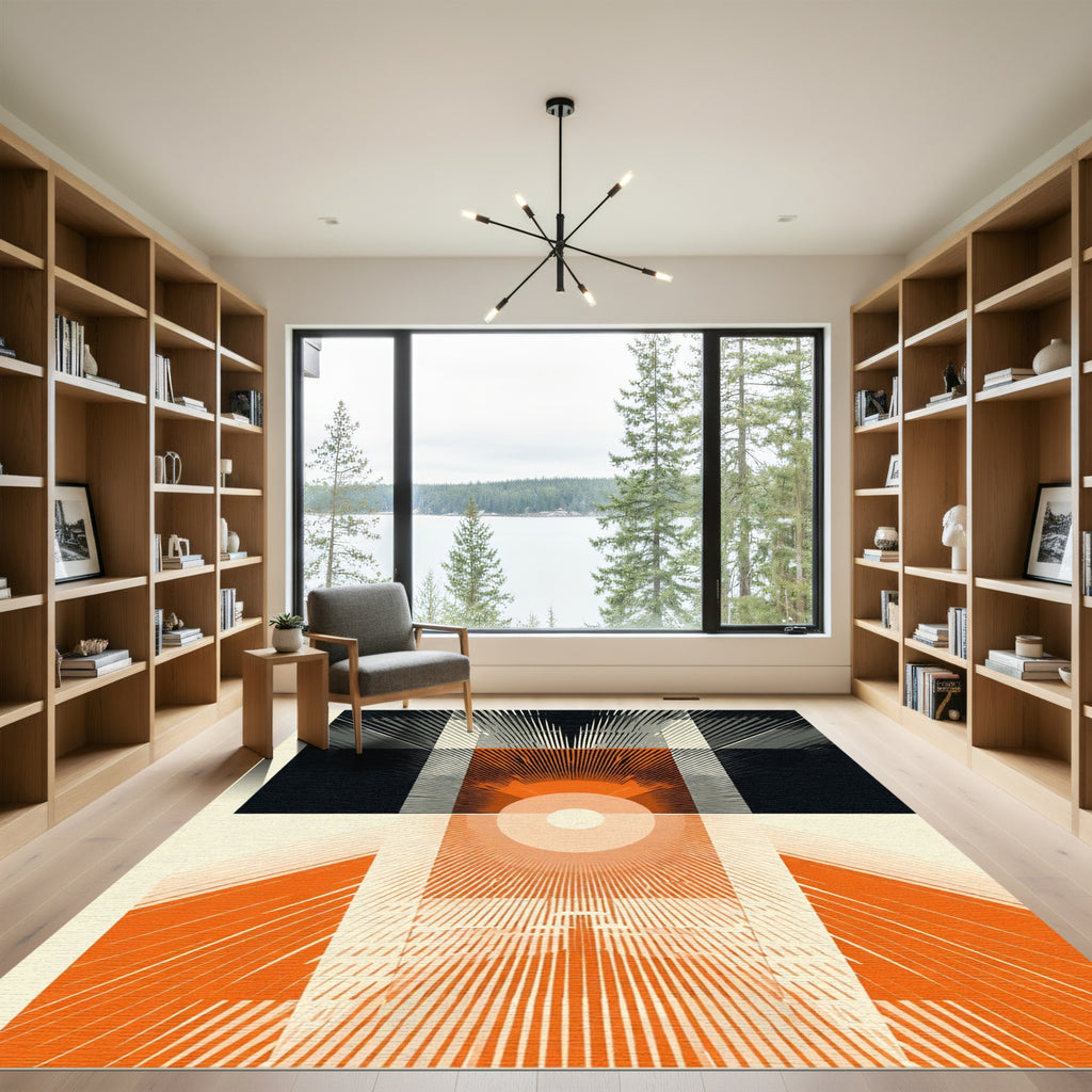 Orange Sunburst Abstract Geometric Rug