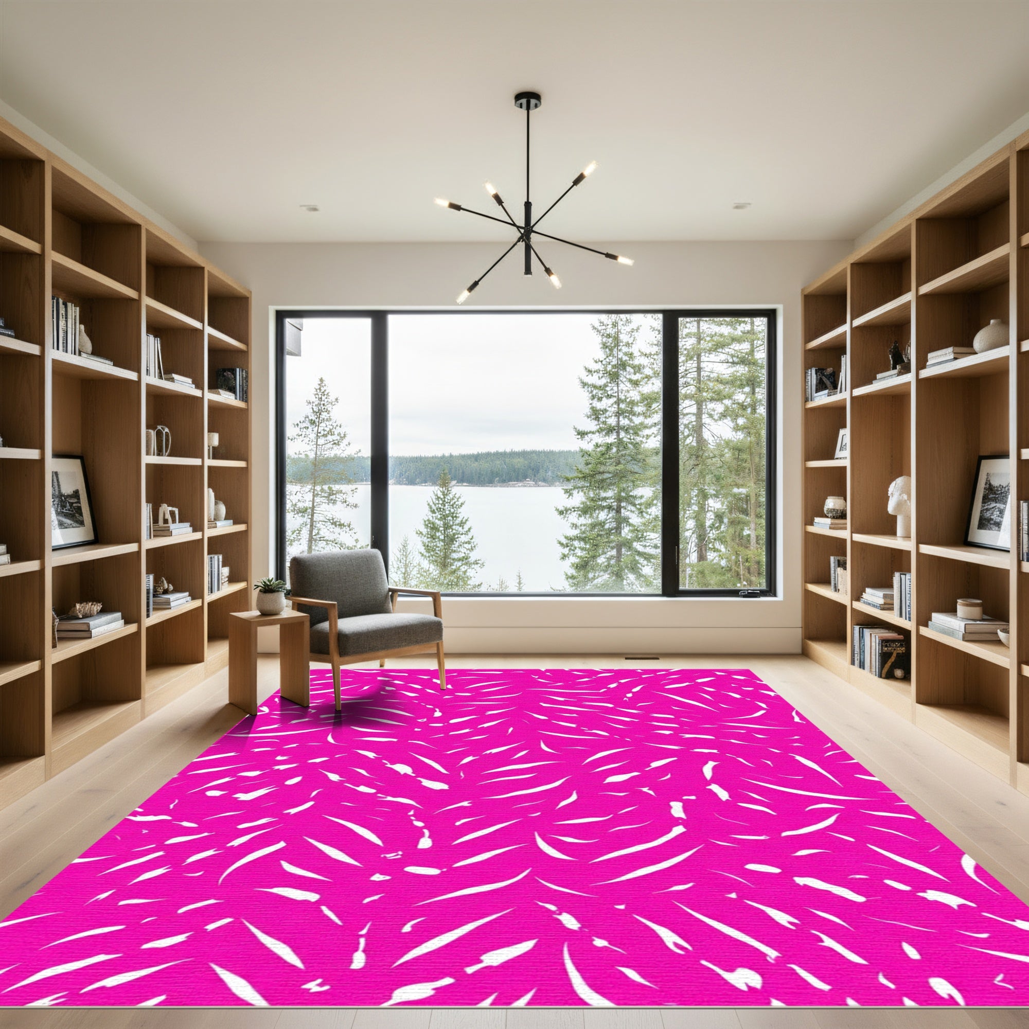 Vibrant Pink White Abstract Strokes Rug
