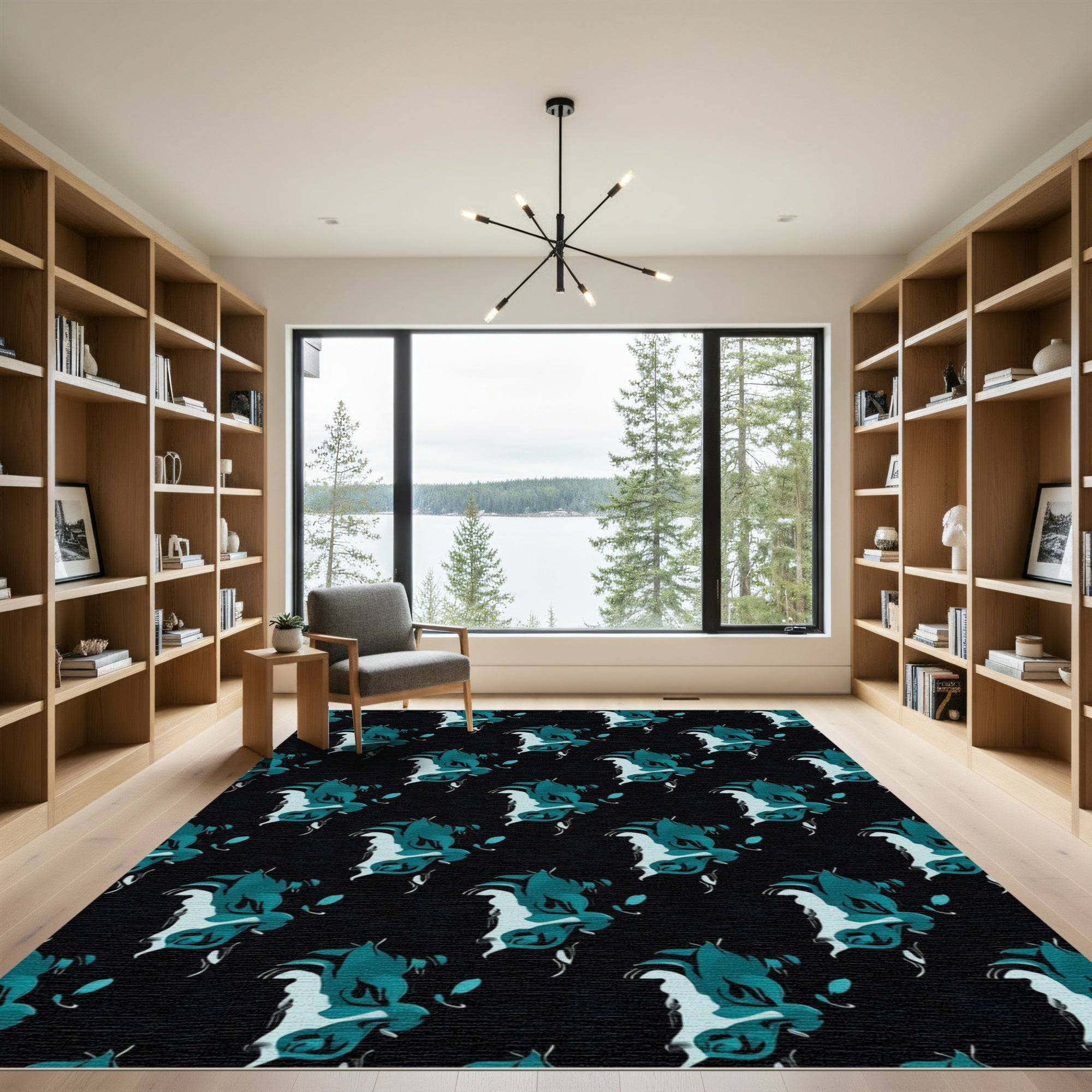 Teal and Black Organic Fluid Shapes Rug