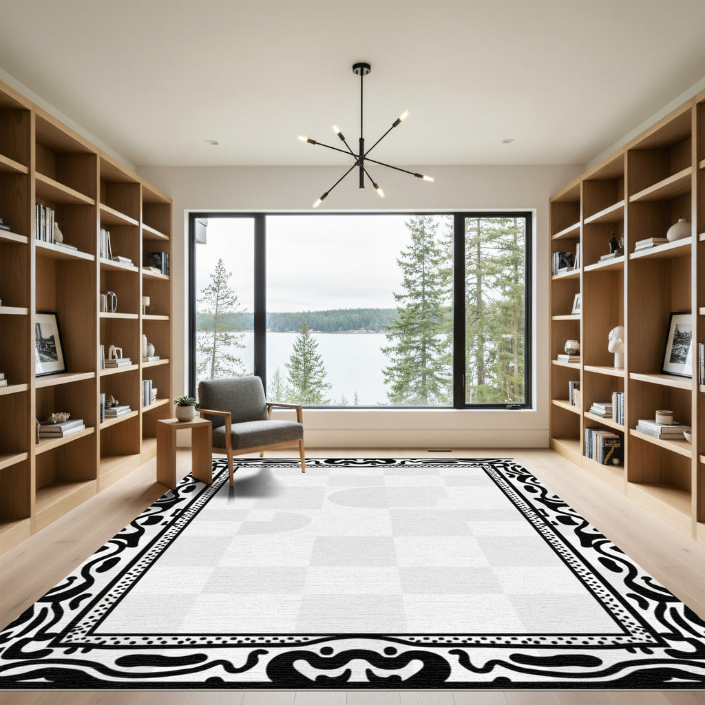Abstract Black White Organic Border Rug