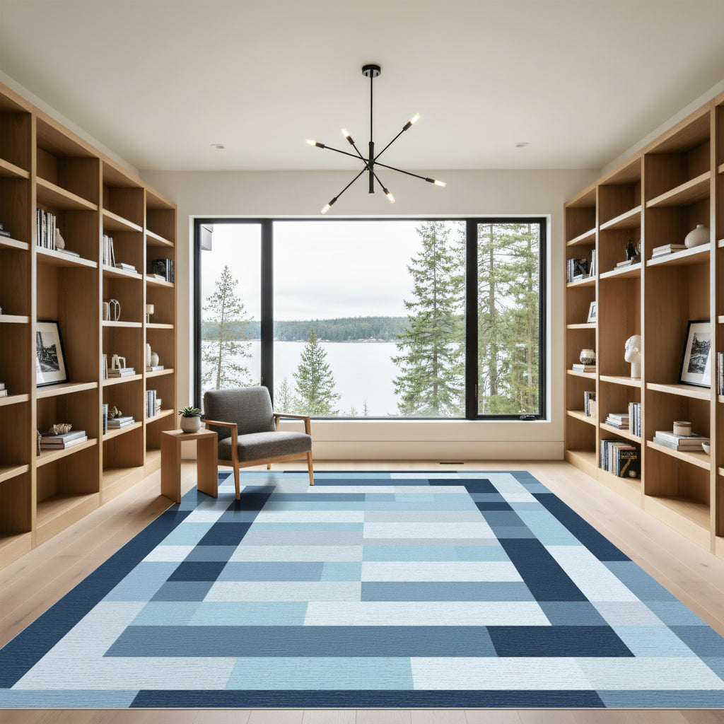Modern Blue Geometric Rectangles Rug