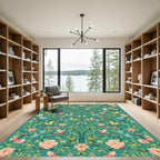 Whimsical Teal Floral Butterfly Garden Rug