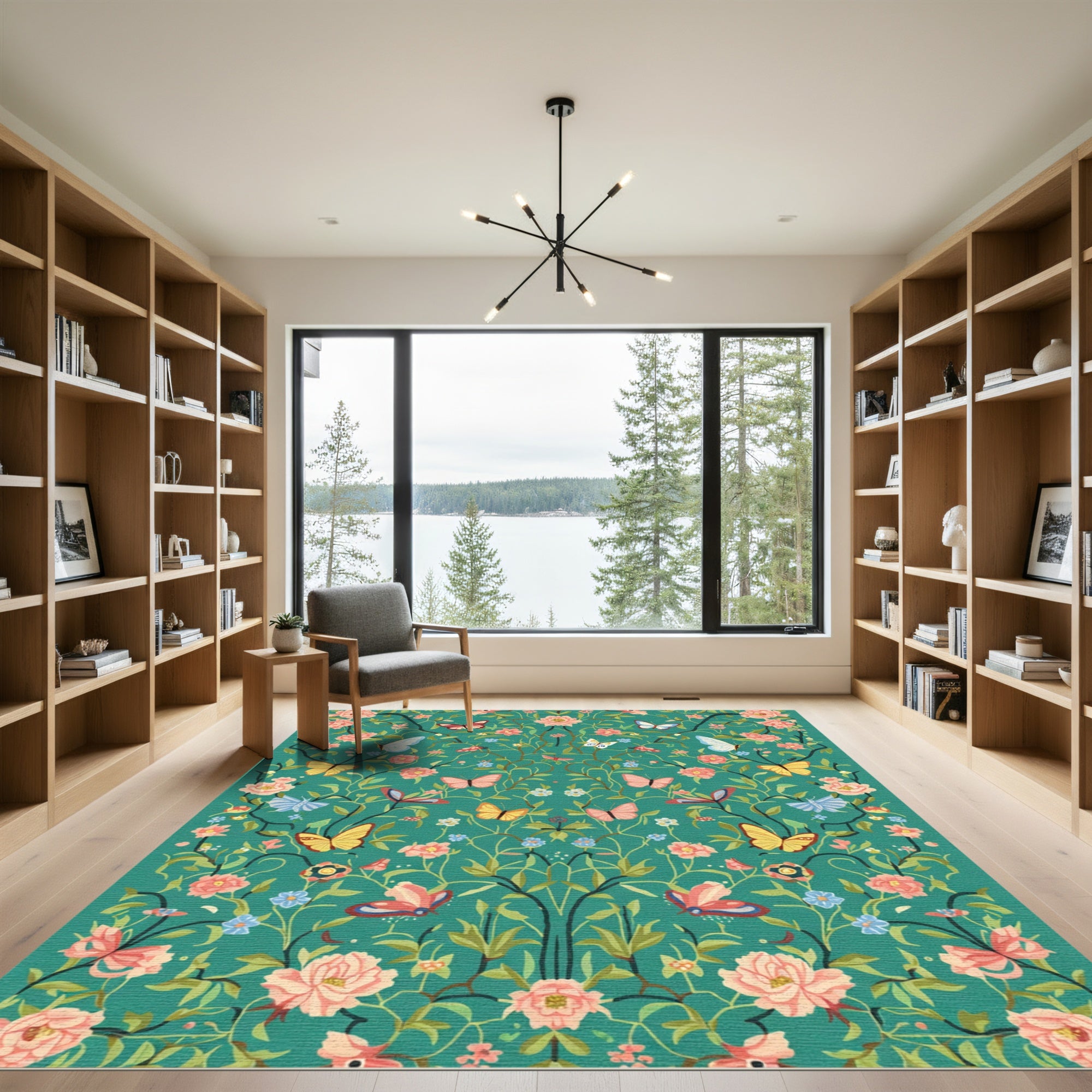Whimsical Teal Floral Butterfly Garden Rug