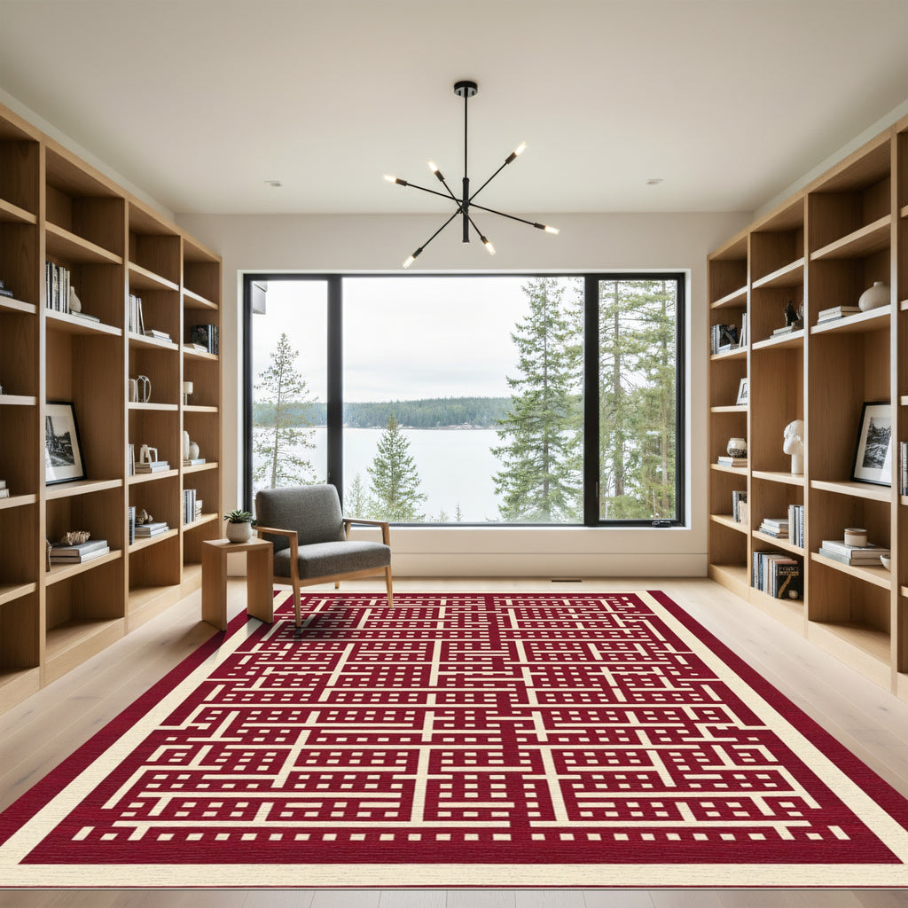 Geometric Cream Red Maze Rug