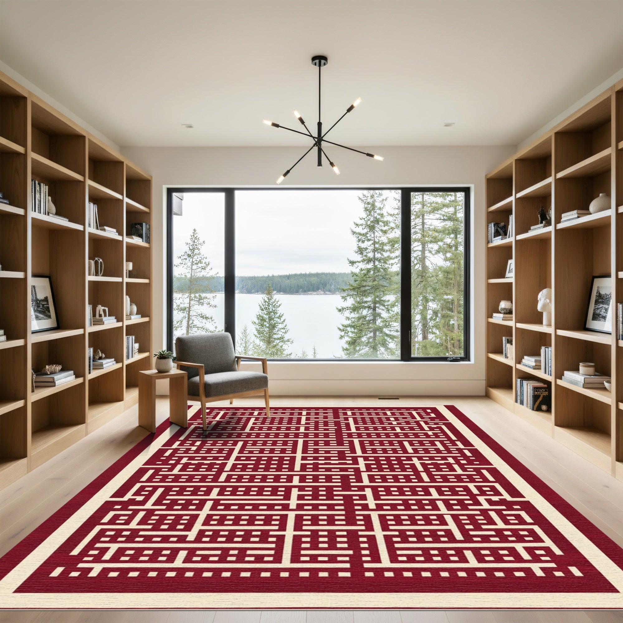 Geometric Cream Red Maze Rug