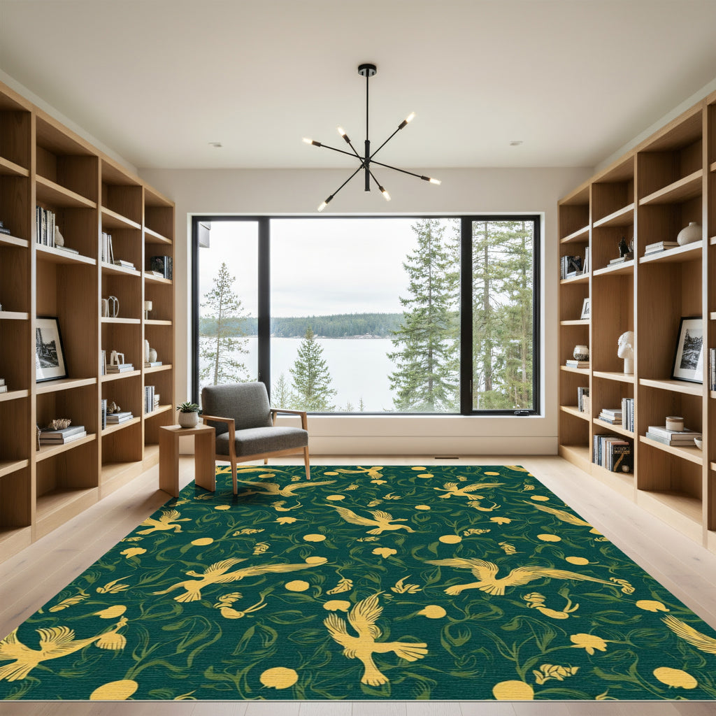 Golden Birds Verdant Foliage Rug
