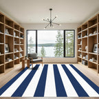Navy White Vertical Stripe Rug - Washable Flatwoven Chenille
