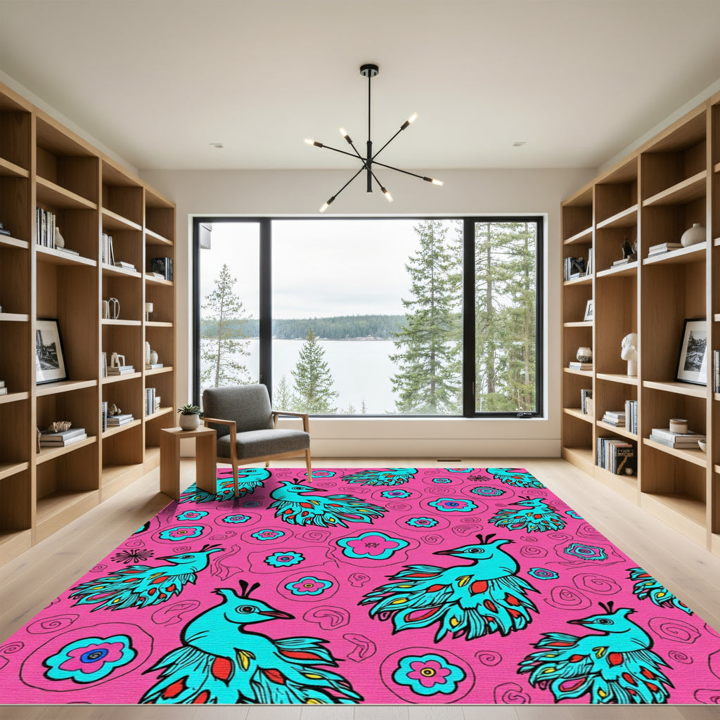 Turquoise Peacock Pink Floral Whimsical Rug