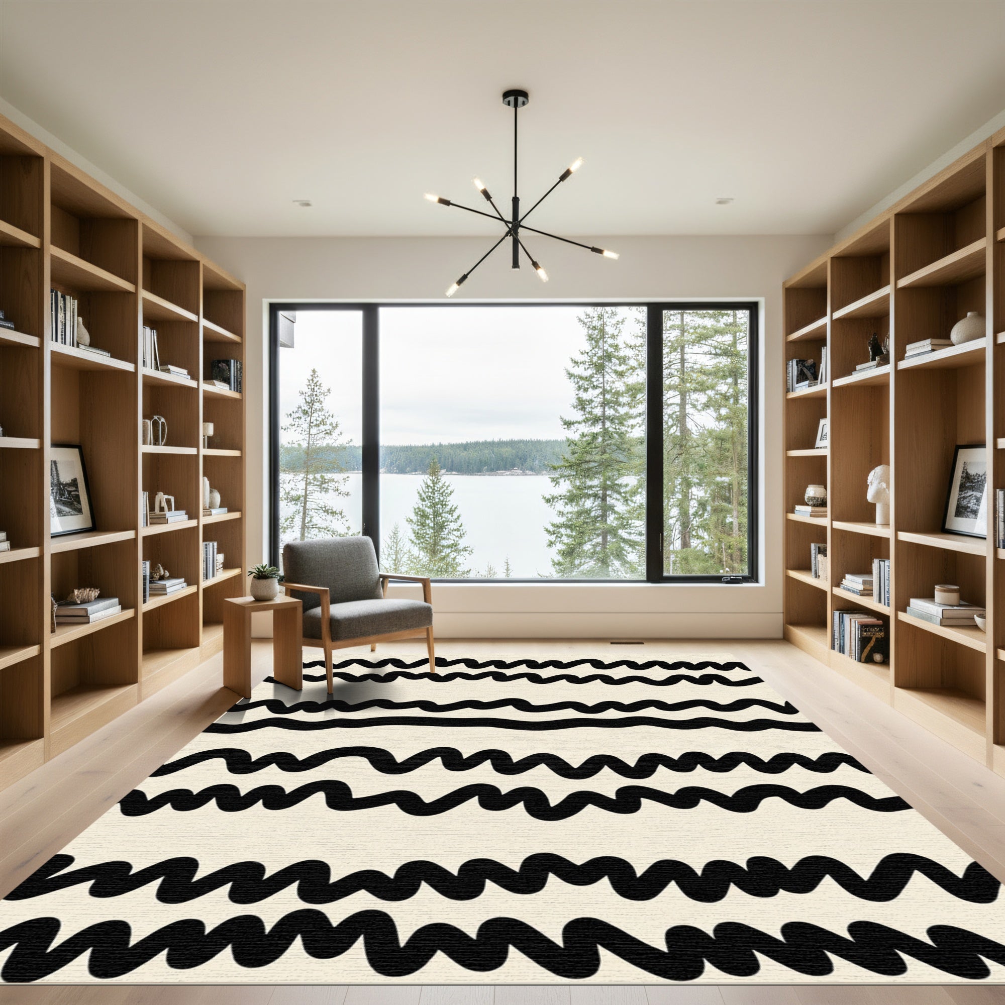 Black Wavy Stripe Abstract Rug