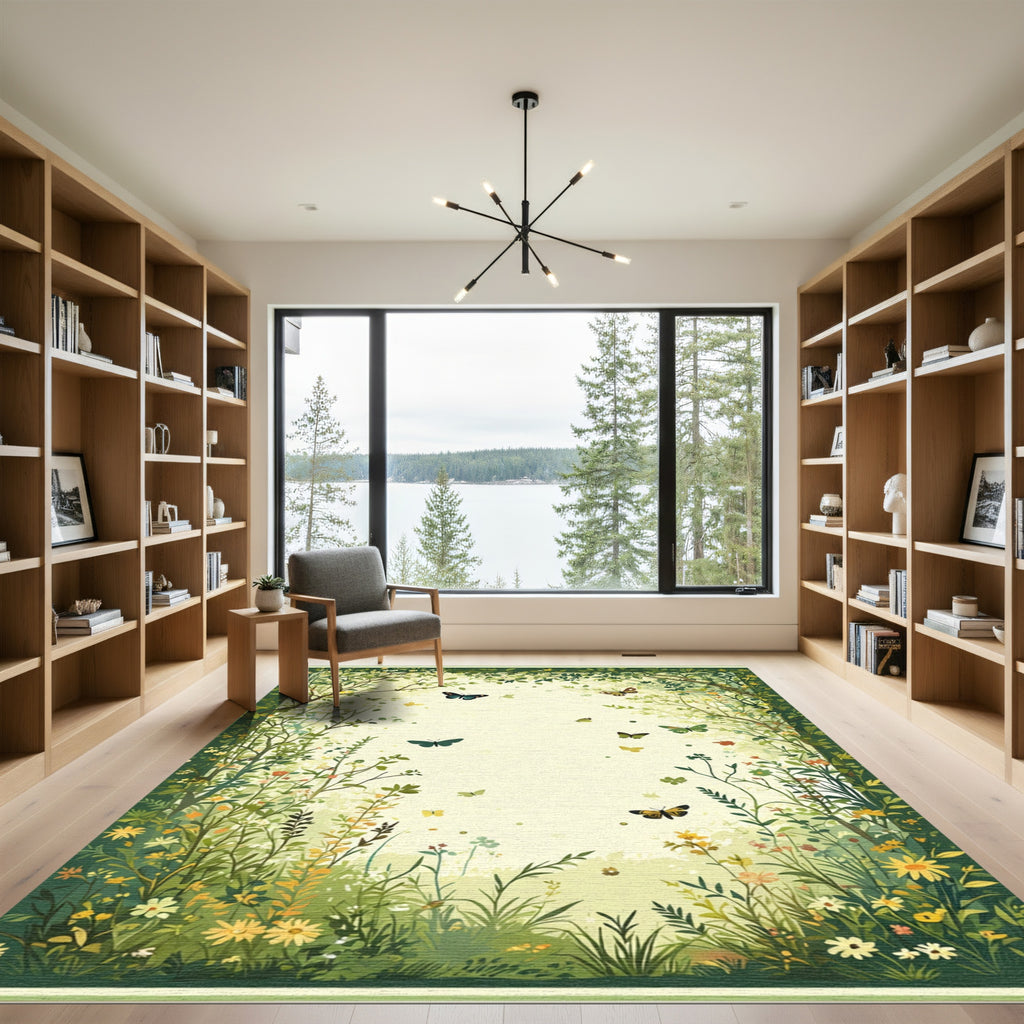 Whimsical Green Butterfly Meadow Rug