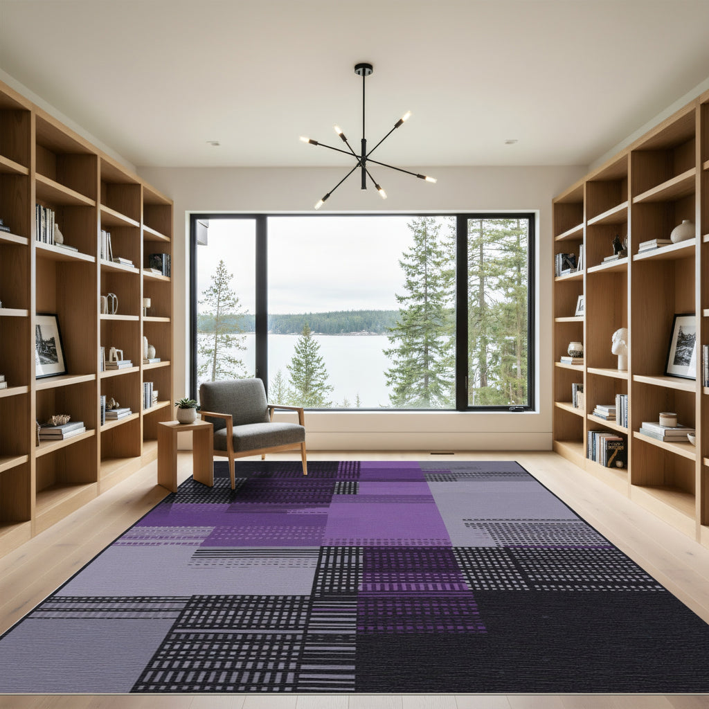 Purple and Black Geometric Grid Rug
