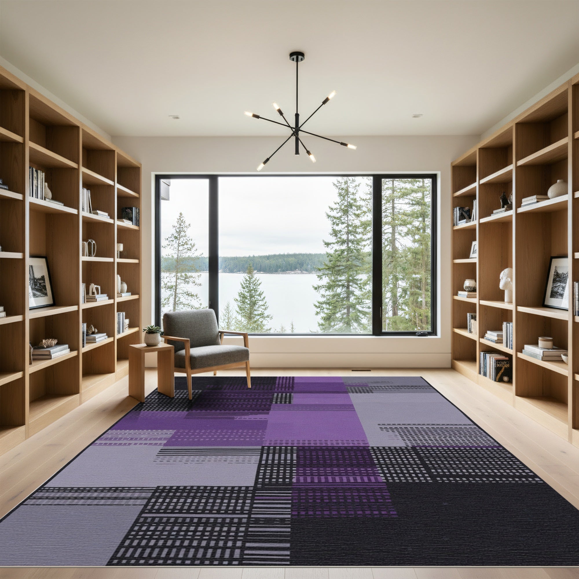 Purple and Black Geometric Grid Rug
