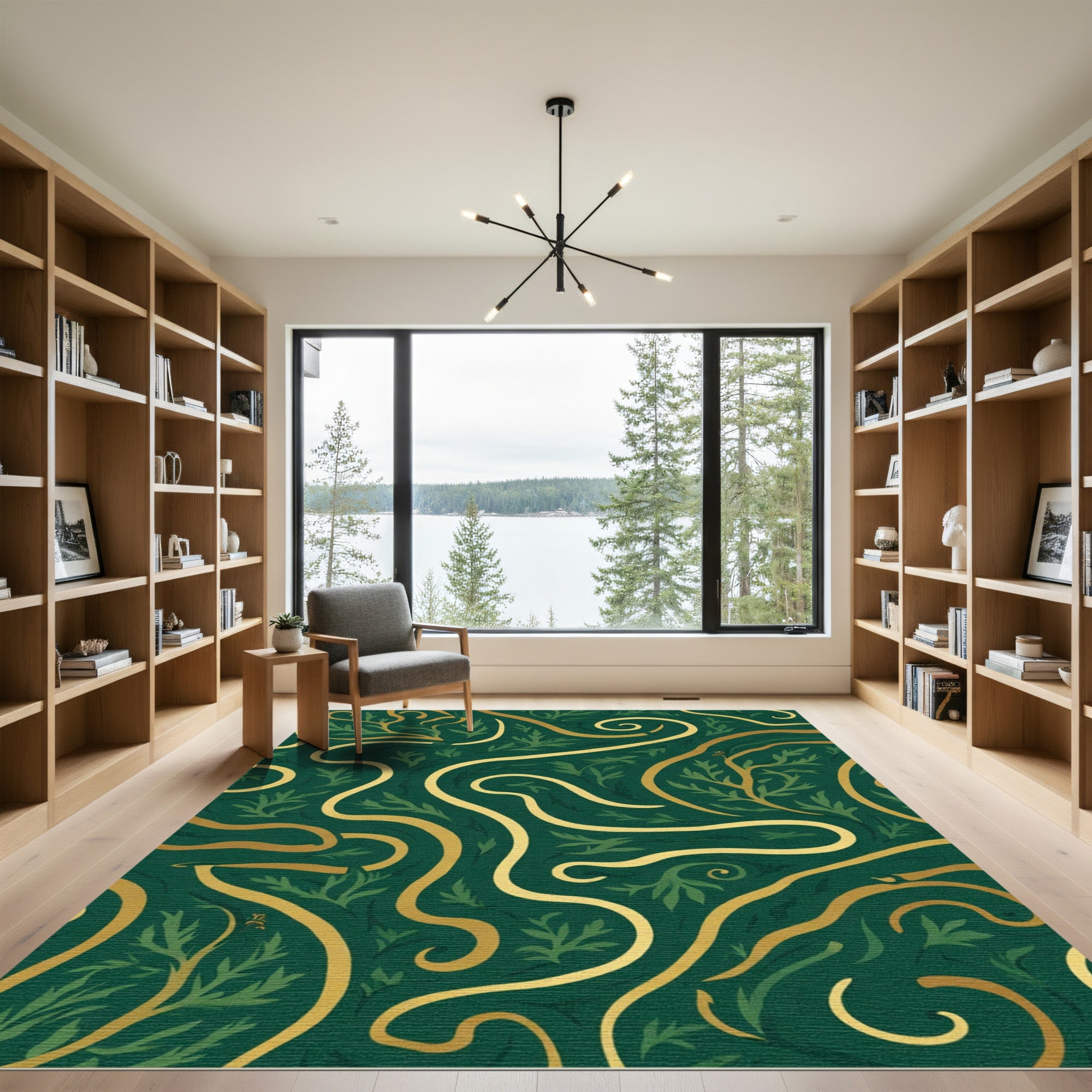 Deep Emerald Golden Swirl Foliage Rug