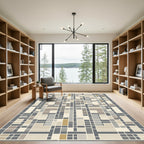 Geometric Tan Ochre Slate Rectangle Grid Rug