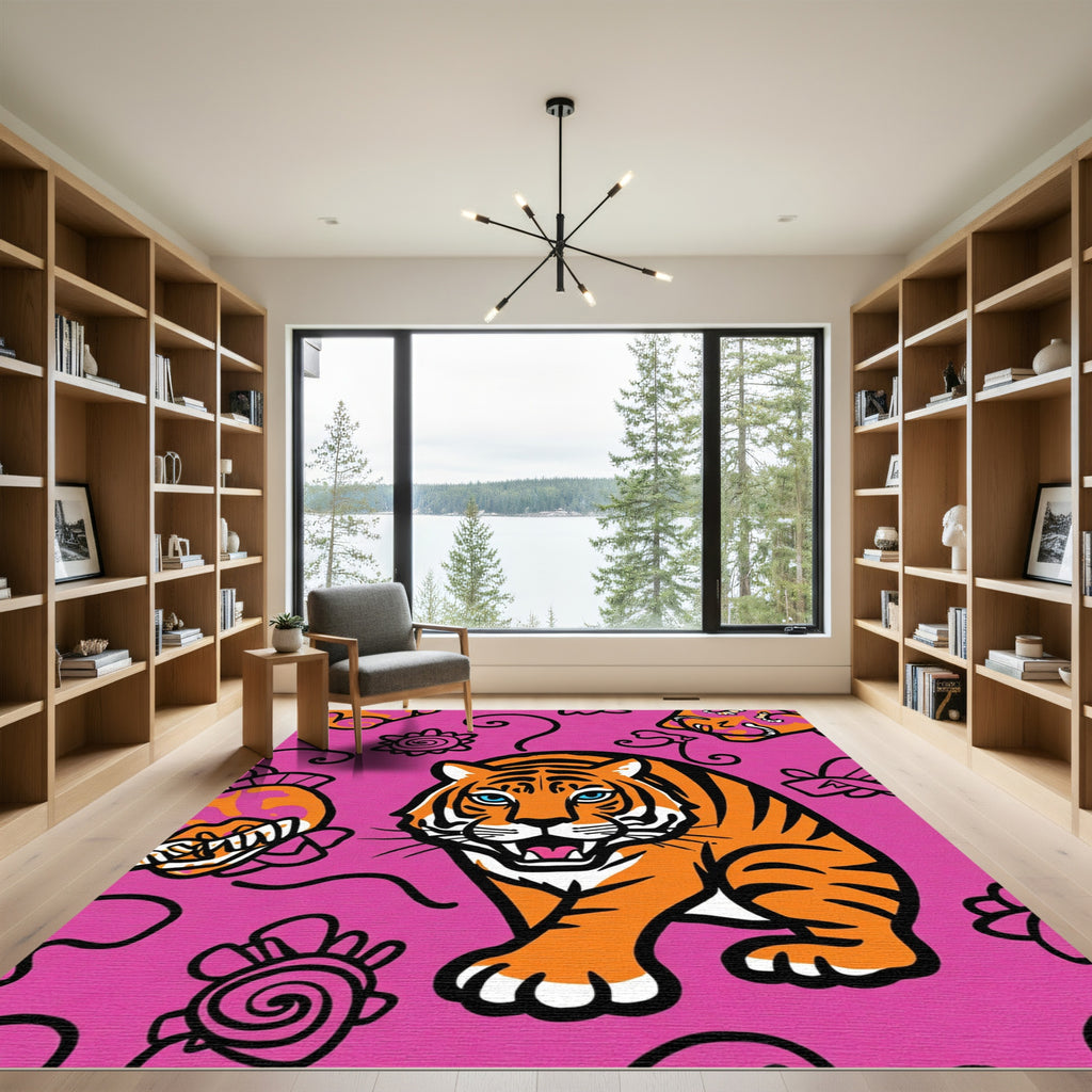 Bold Orange Tiger Pink Floral Swirls Rug