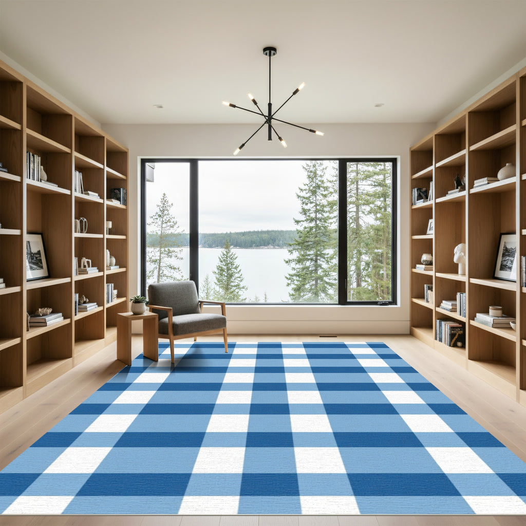 Bold Blue White Plaid Squares Rug