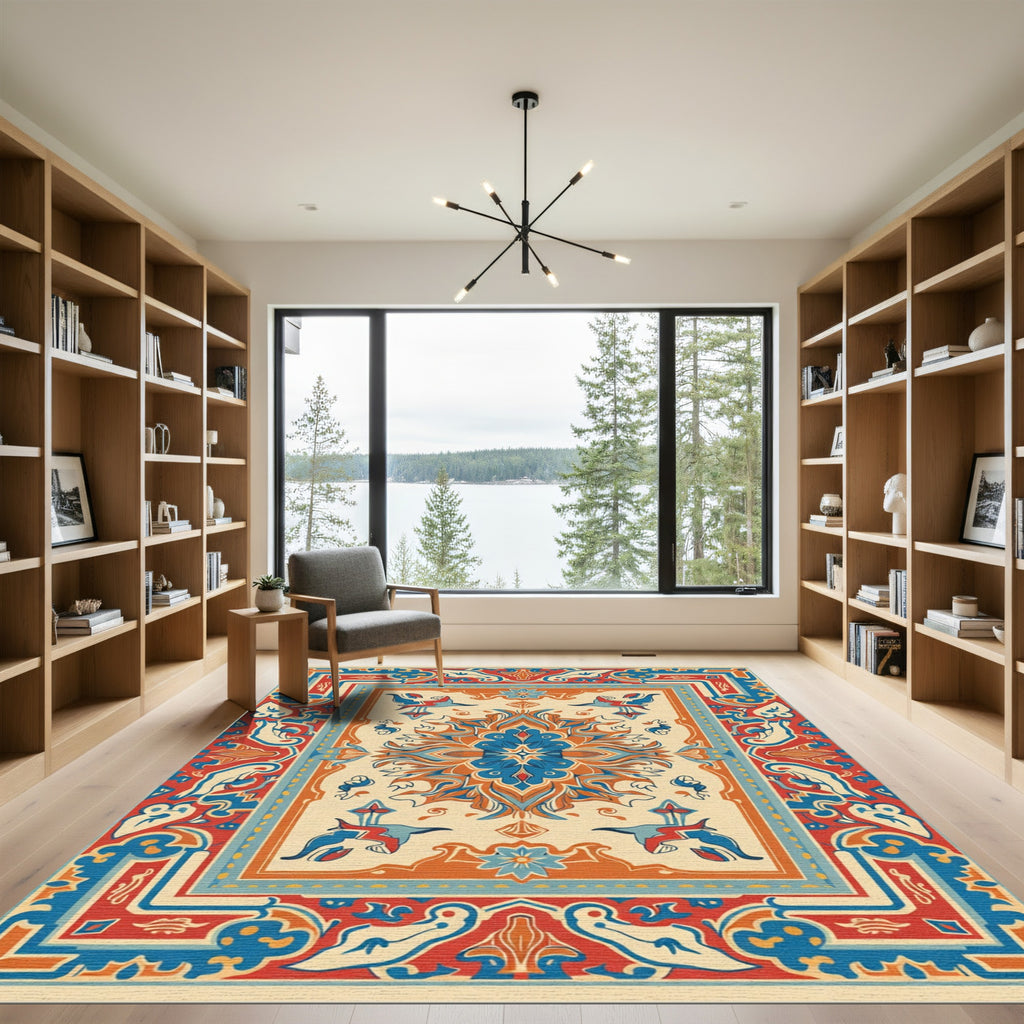 Vibrant Orange Blue Medallion Rug