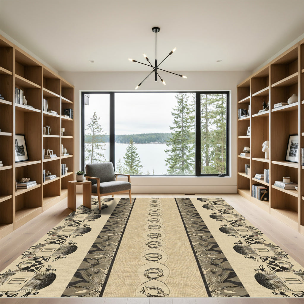 Ornate Beige Black Vertical Striped Rug