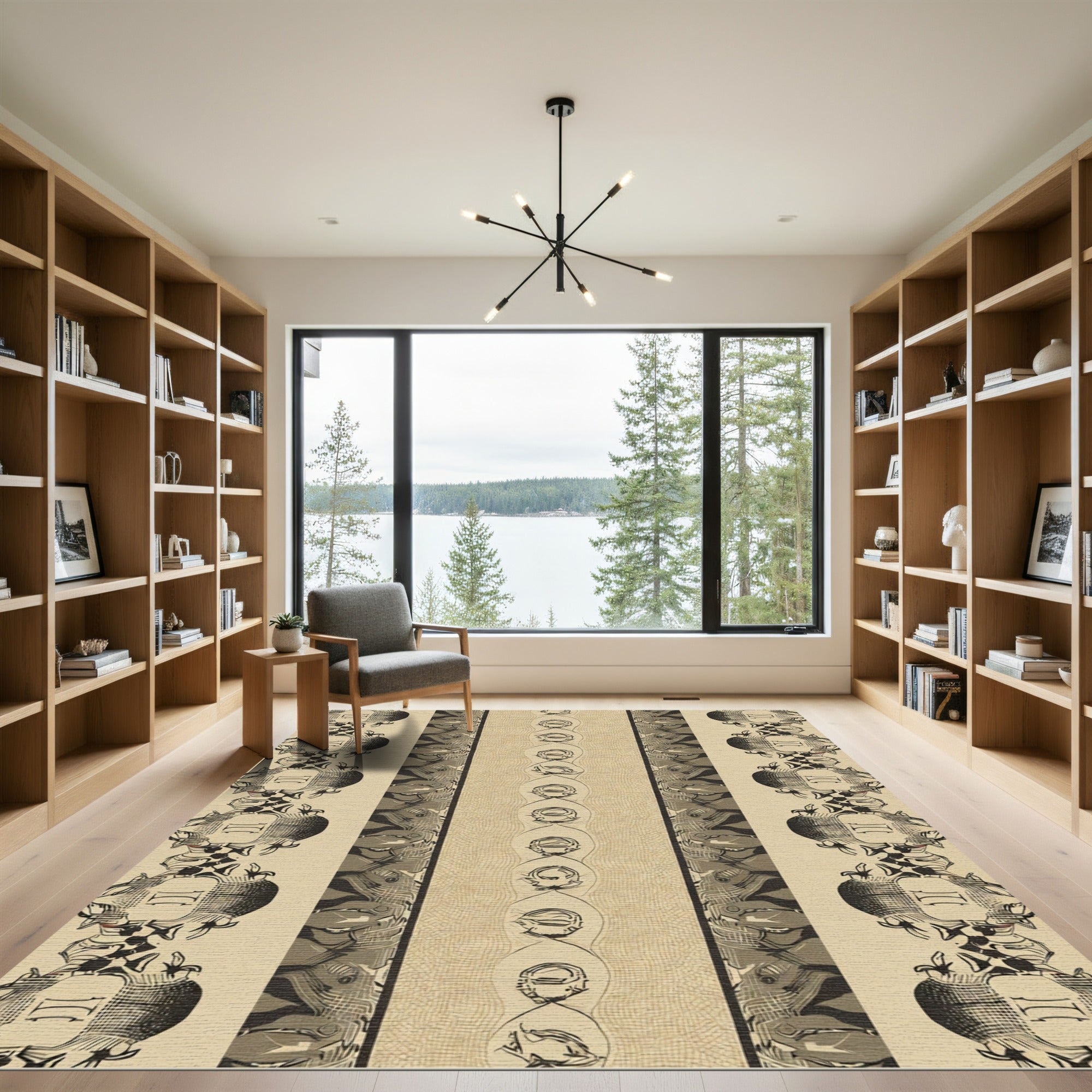 Ornate Beige Black Vertical Striped Rug