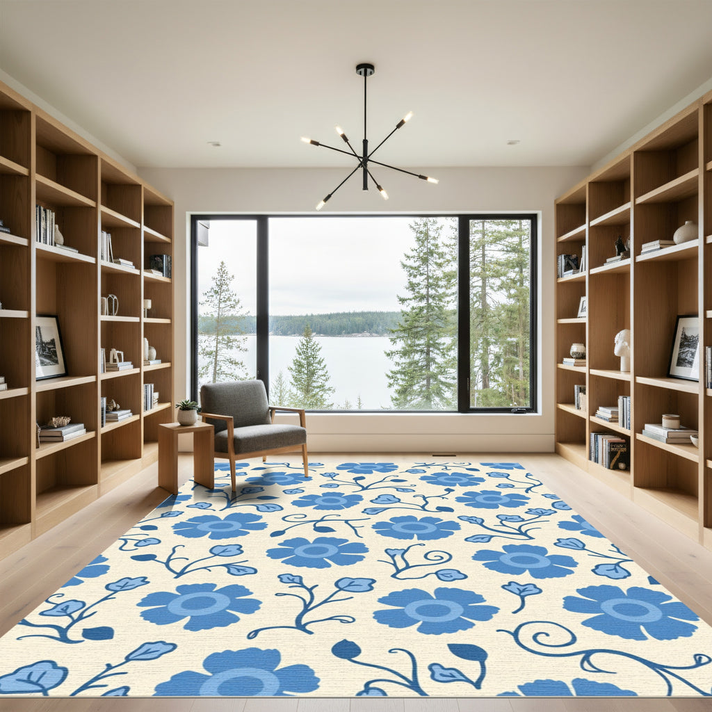 Blue Floral Vines Cream Background Rug