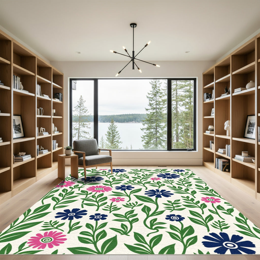 Pink Navy Blue Floral Foliage Rug