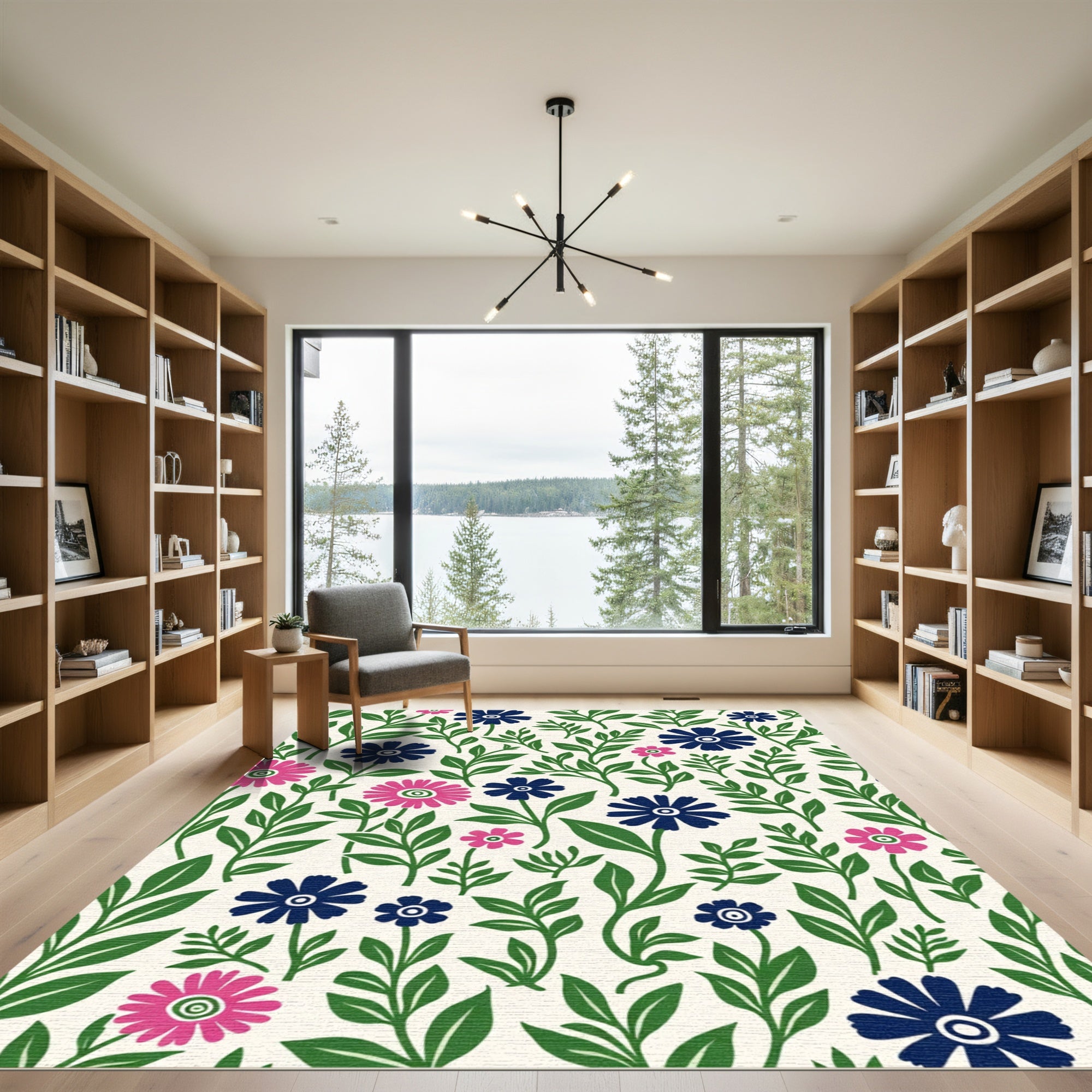 Pink Navy Blue Floral Foliage Rug