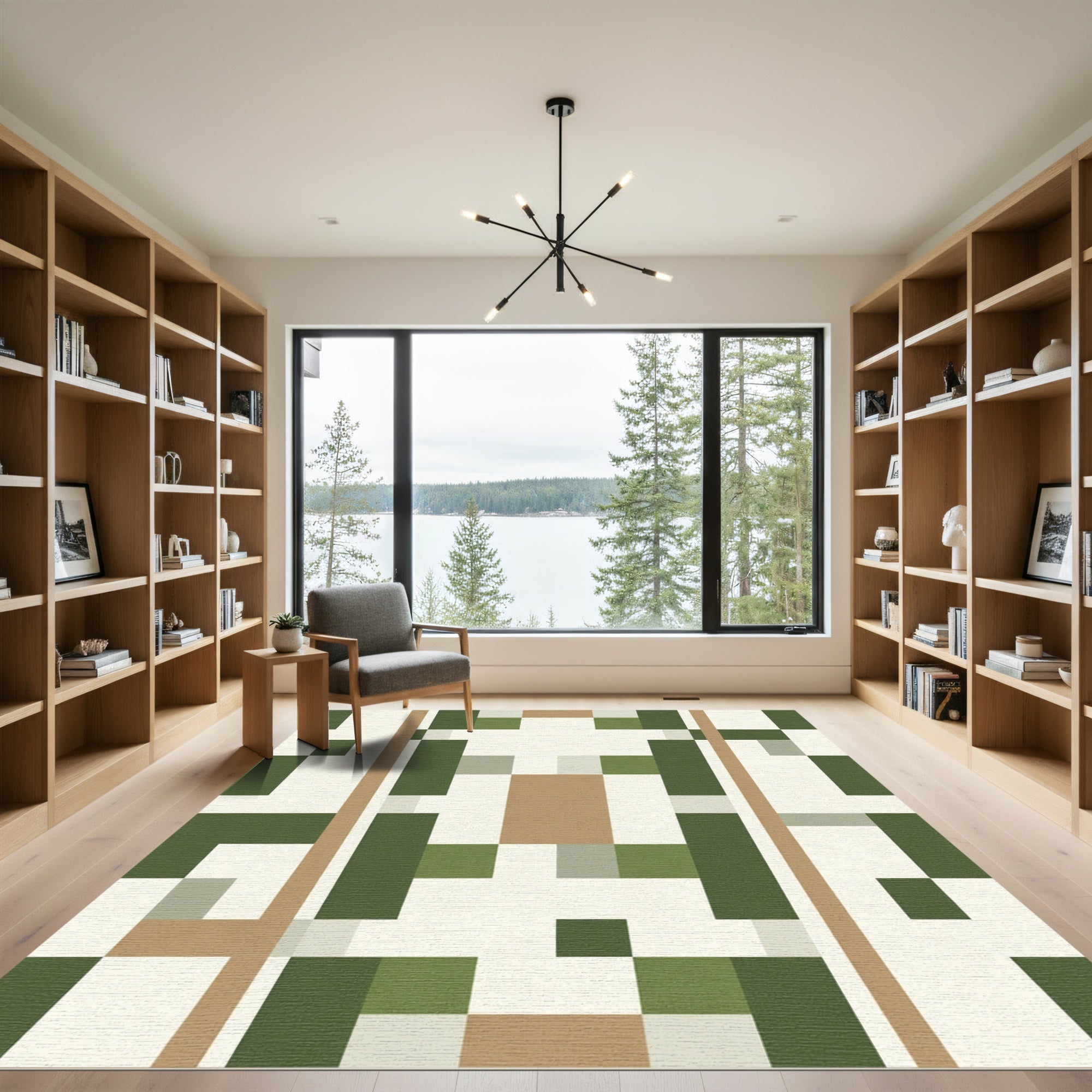 Geometric Terracotta Olive Square Arrangement Rug