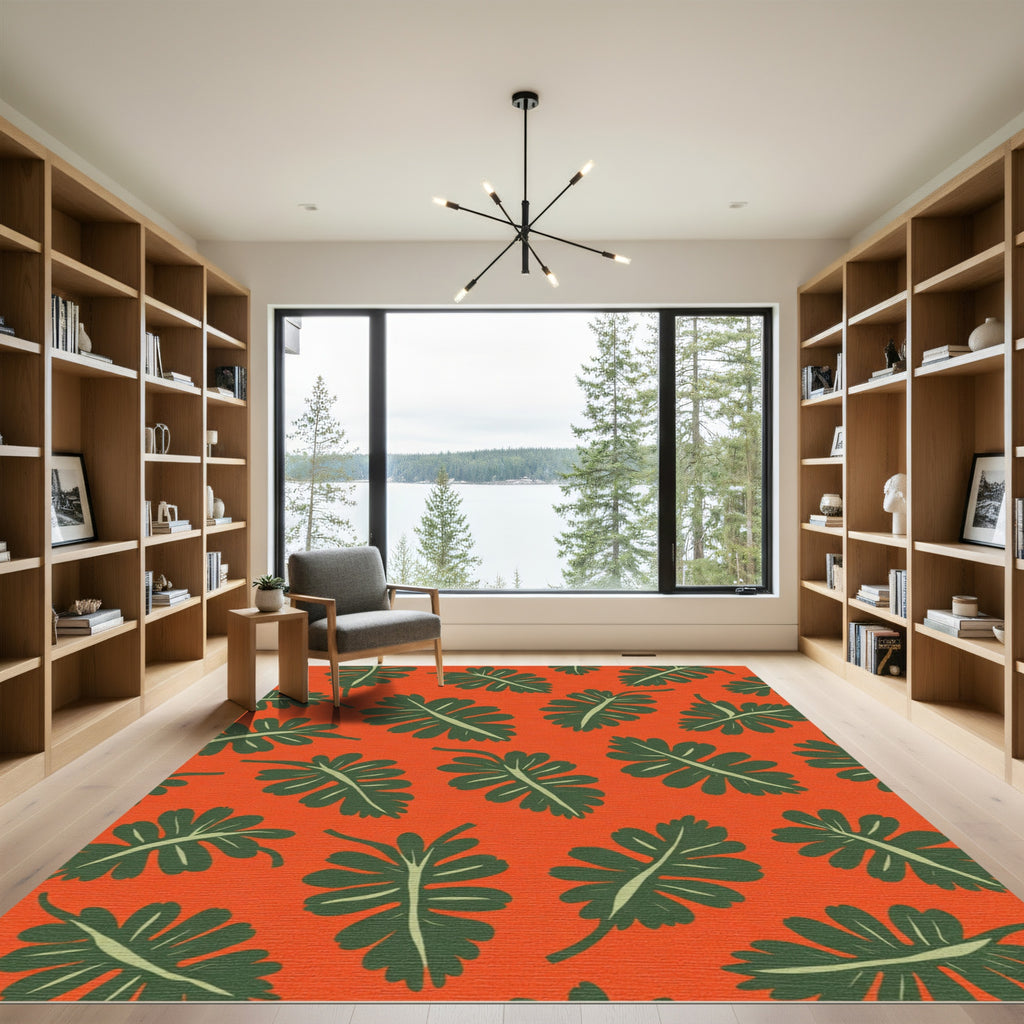 Vivid Orange Leafy Fern Repeats Rug