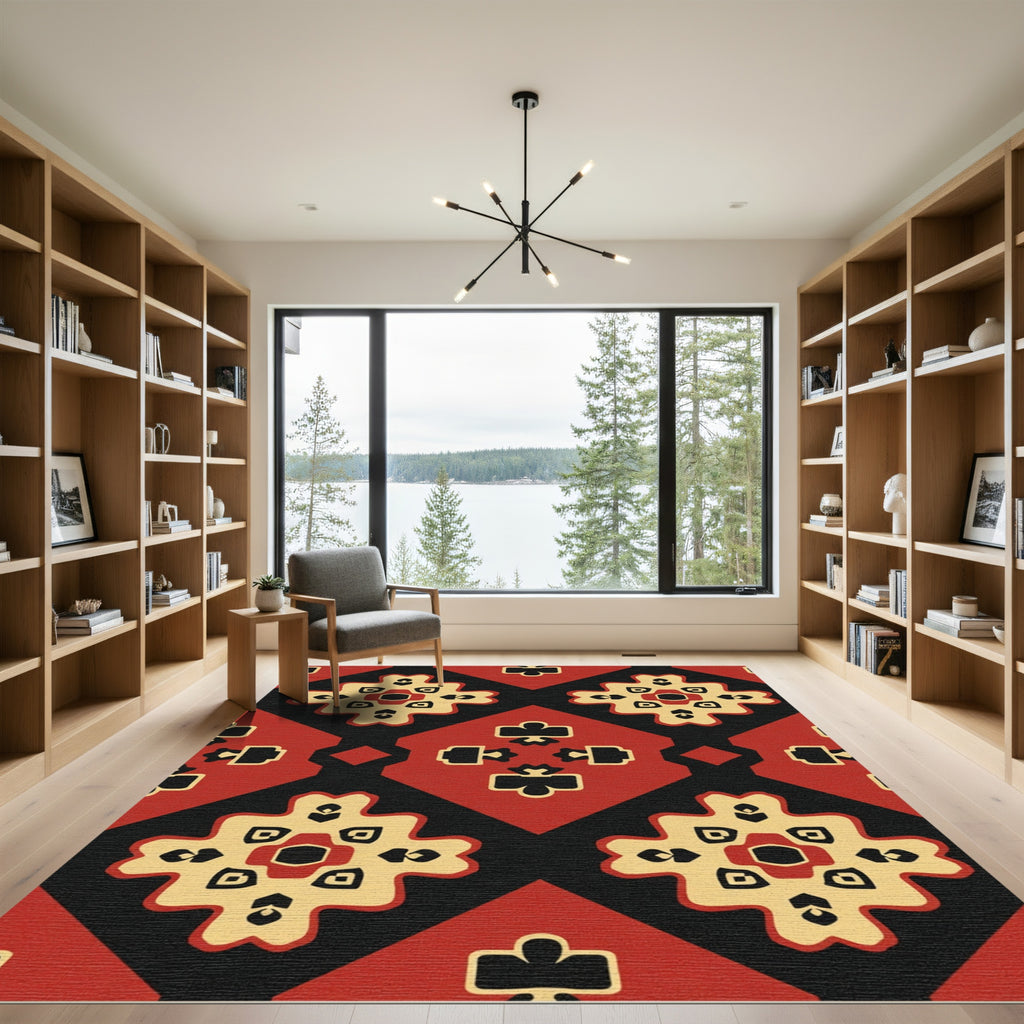 Red Black Cream Medallion Diamonds Rug