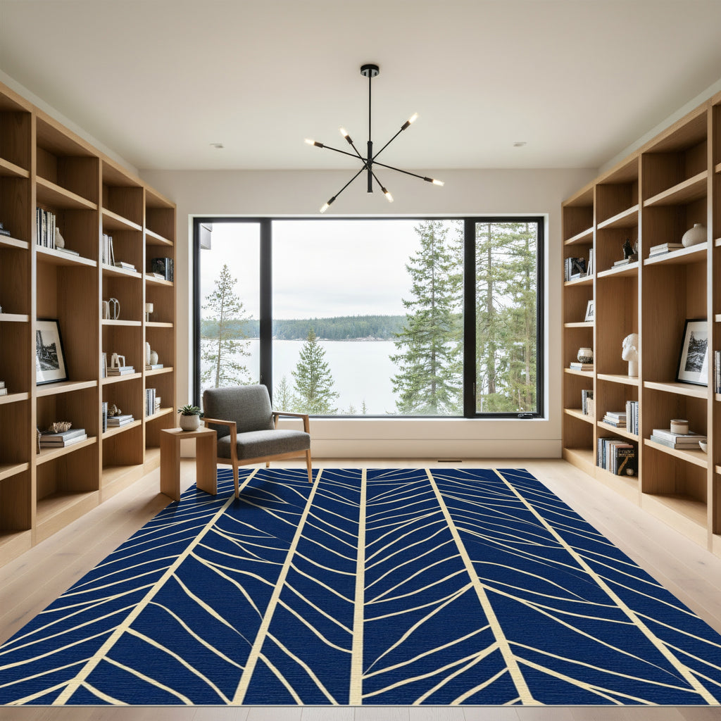 Navy Beige Organic Leaf Stripe Rug