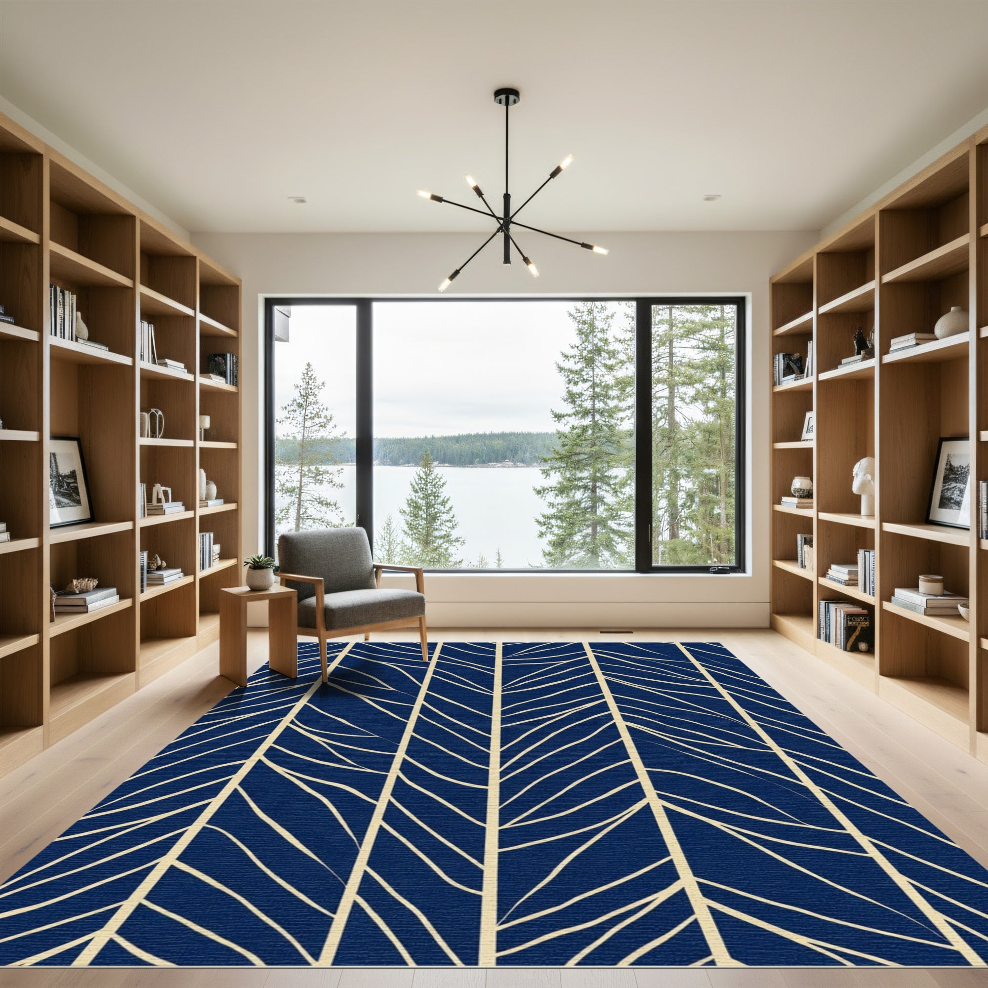 Navy Beige Organic Leaf Stripe Rug