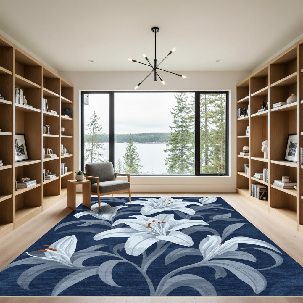 Deep Blue White Lily Floral Art Rug