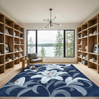Deep Blue White Lily Floral Art Rug