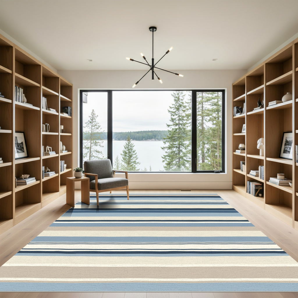 Navy Blue Tan Striped Arrangement Rug