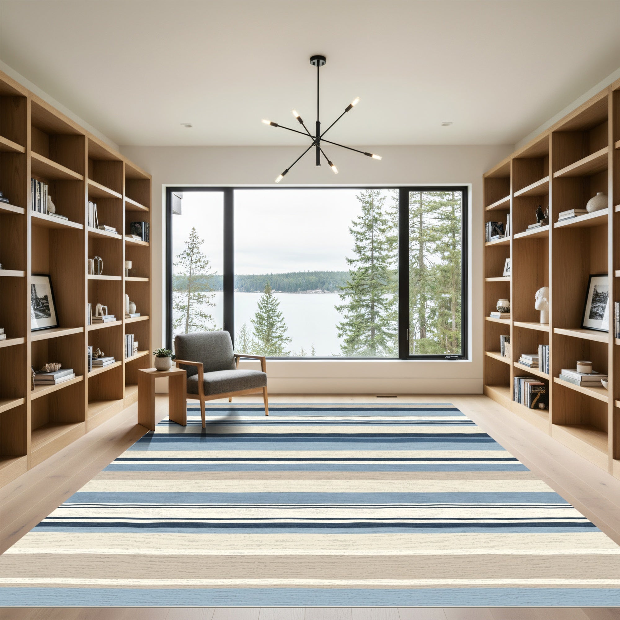 Navy Blue Tan Striped Arrangement Rug