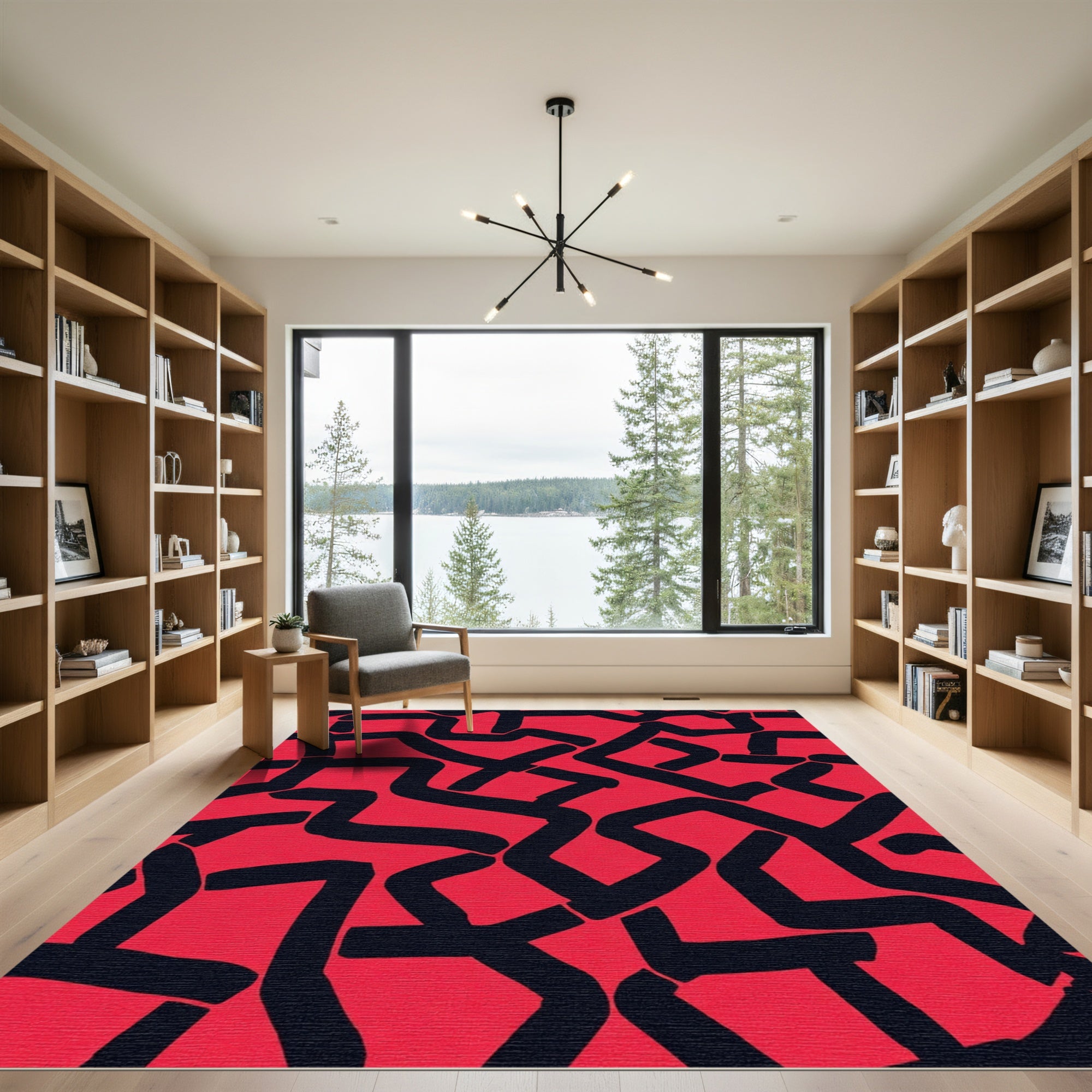 Bold Red Black Abstract Interlocking Lines Rug