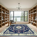 Navy Pink Floral Medallion Oval Rug