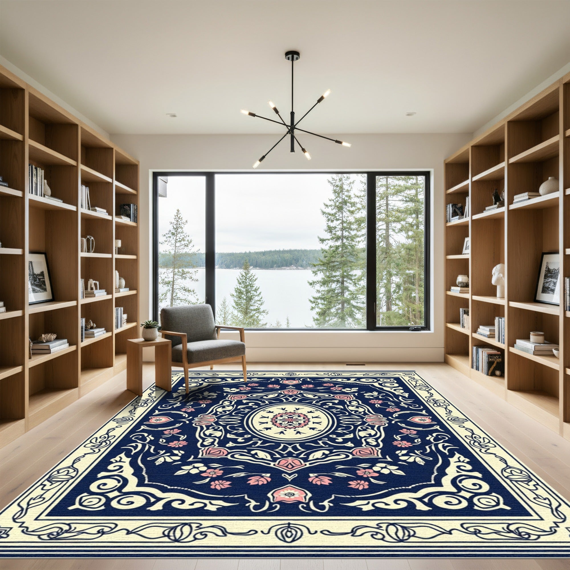 Navy Pink Floral Medallion Oval Rug