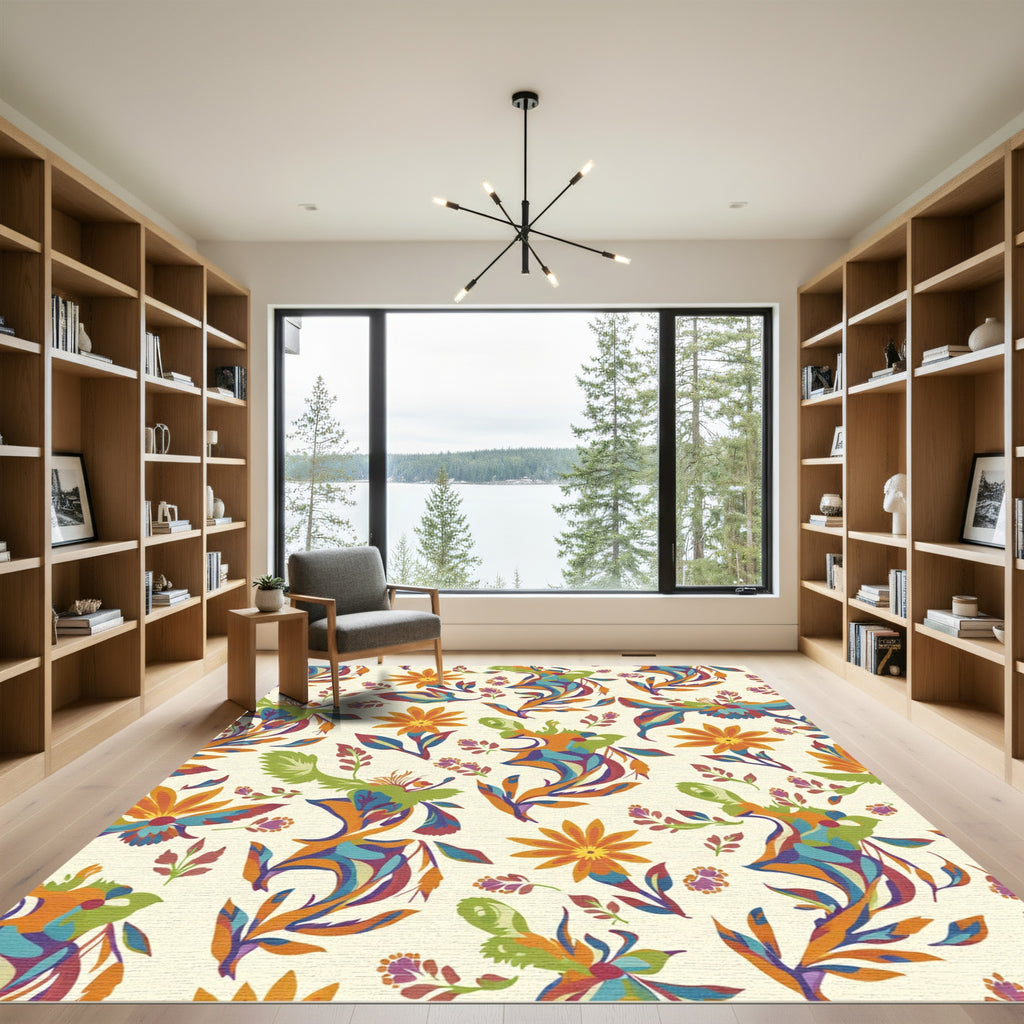 Vibrant Orange Floral Swirl Composition Rug