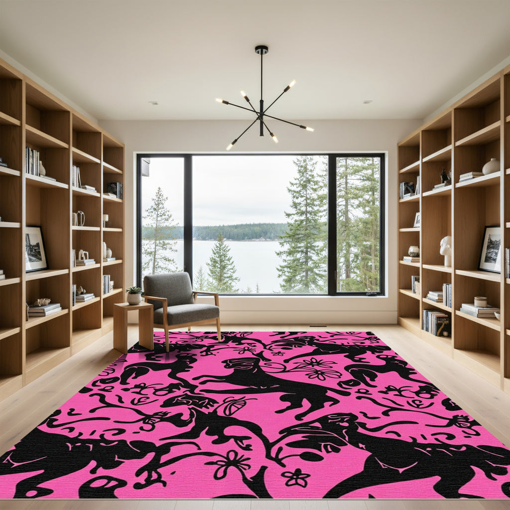 Vibrant Black Leaping Wildlife Hot Pink Rug