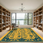 Golden Yellow Teal Floral Animal Abstract Rug