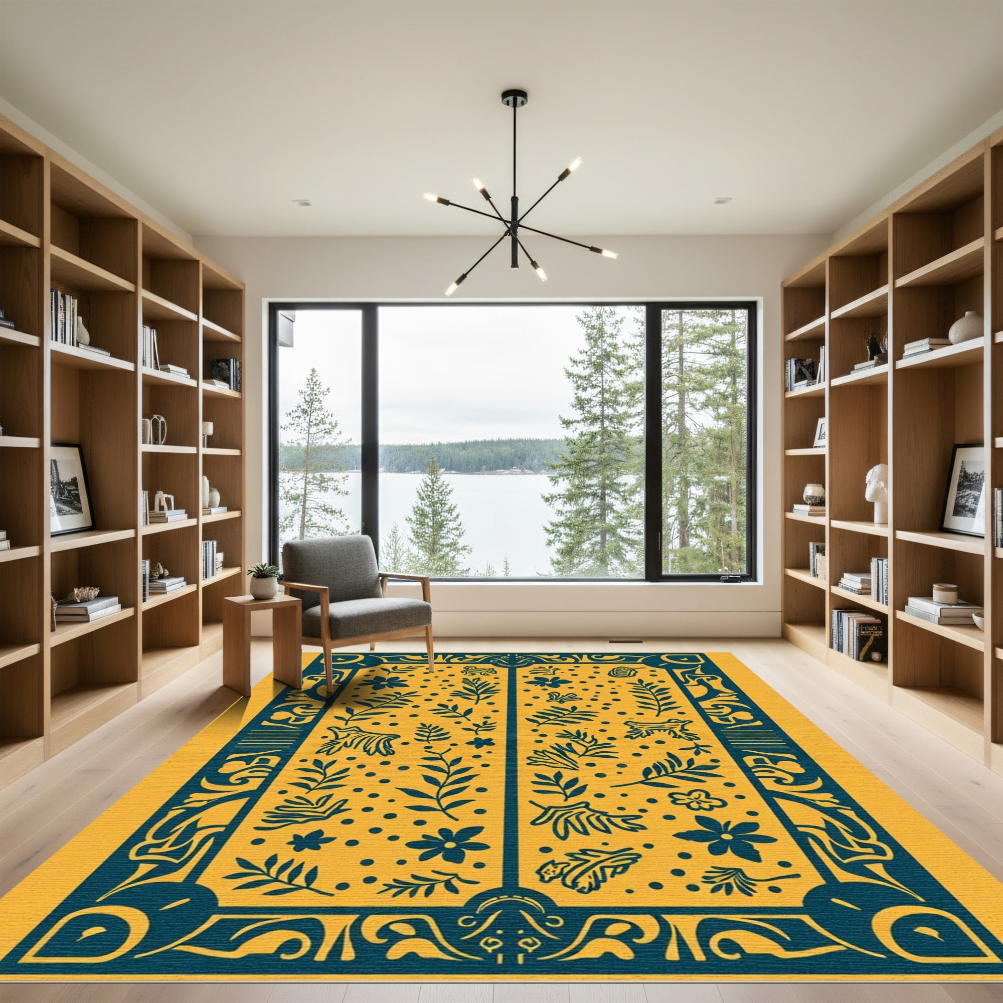 Golden Yellow Teal Floral Animal Abstract Rug