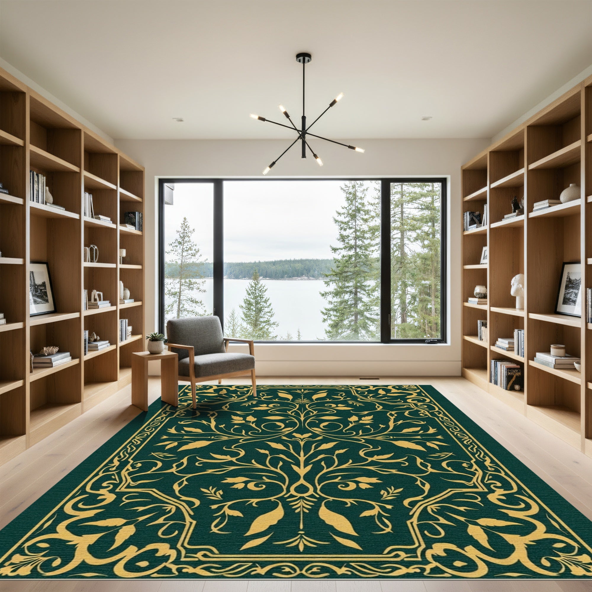 Deep Emerald Golden Floral Scroll Rug